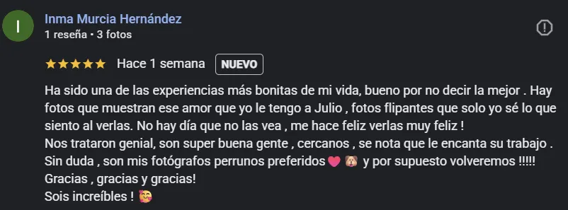 Reseña de 5 estrellas de Inma en Google